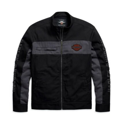 Harley Davidson Jacket Canvas black front view with snap pockets and embroidered patch