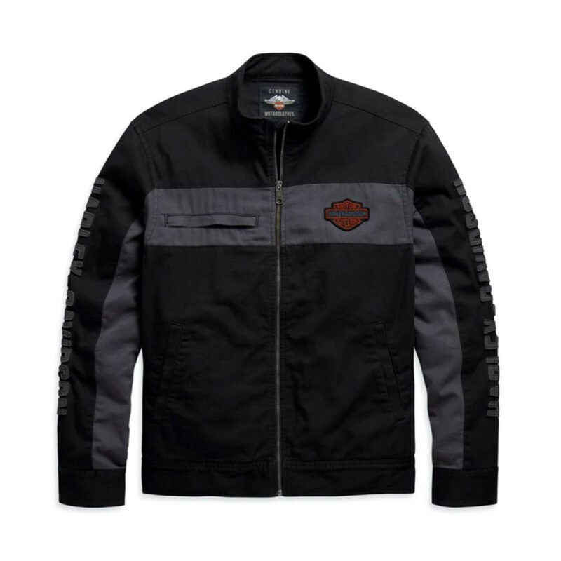 Harley Davidson Jacket Canvas black front view with snap pockets and embroidered patch