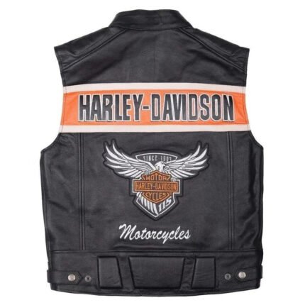 New Men's Black Vest - Harley Davidson Passing Link Genuine Cowhide Leather with Embroidered Graphics