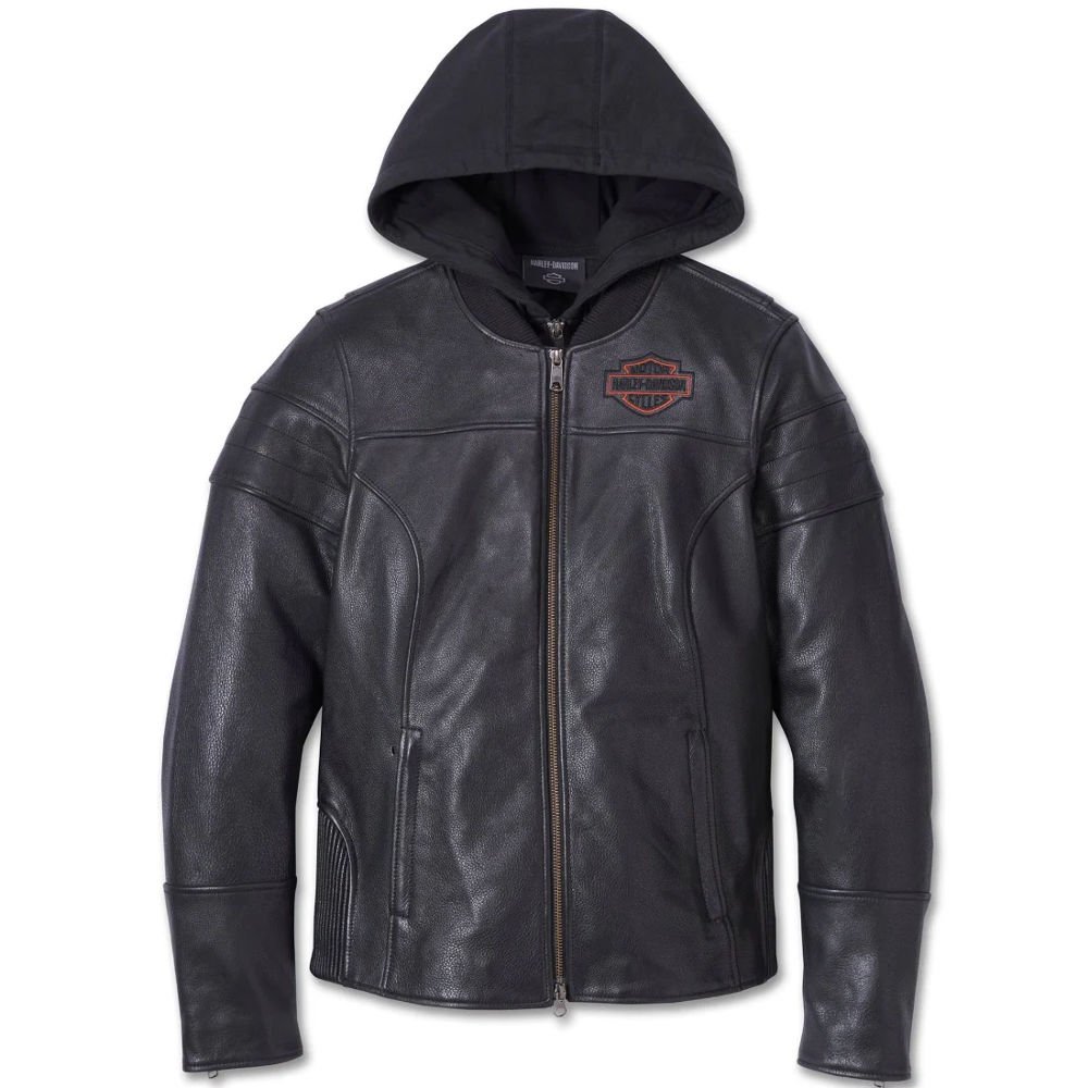 1_imresizer (12) Women's Leather 3-in-1 Jacket, Harley-Davidson Miss Enthusiast 2.0 in Black, featuring durable buffalo leather, a removable hoodie, and reflective piping for rider safety and style.