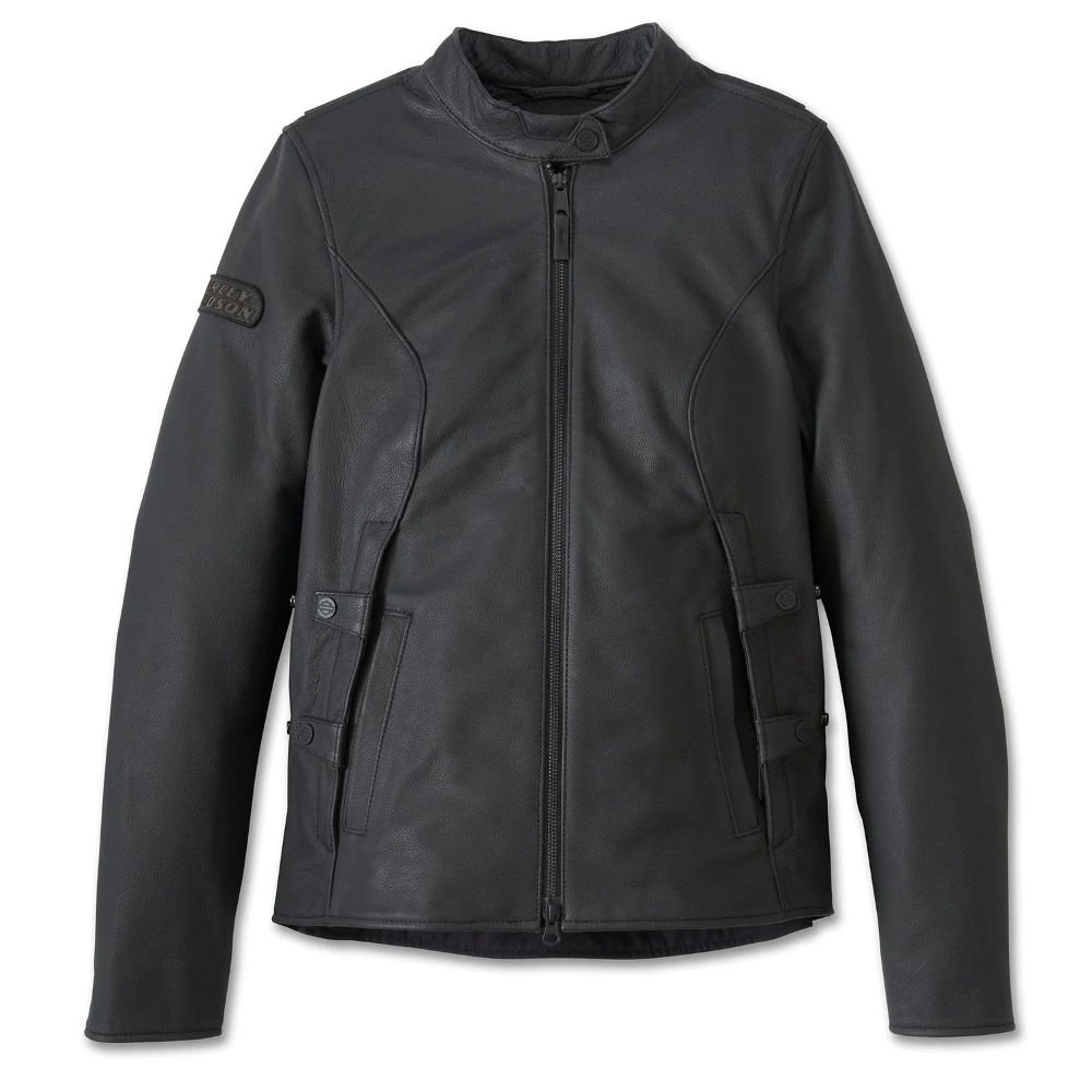 1_imresizer (8) Women's Harley-Davidson Paradigm Triple Vent Leather Jacket in black, featuring Triple Vent System 2.0, CE-ready armor pockets, and reflective piping for riding safety and comfort
