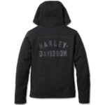 Women's Hooded Fleece Jacket in black by Harley-Davidson, model 98112-23VW, with reflective piping and windproof design for riding.