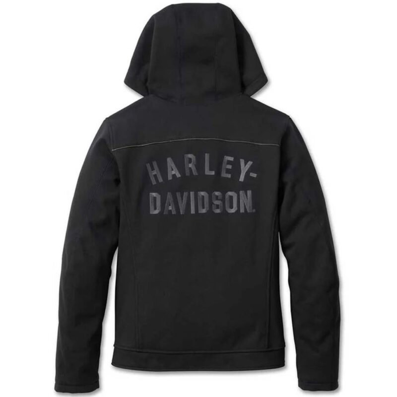 Women's Hooded Fleece Jacket in black by Harley-Davidson, model 98112-23VW, with reflective piping and windproof design for riding.