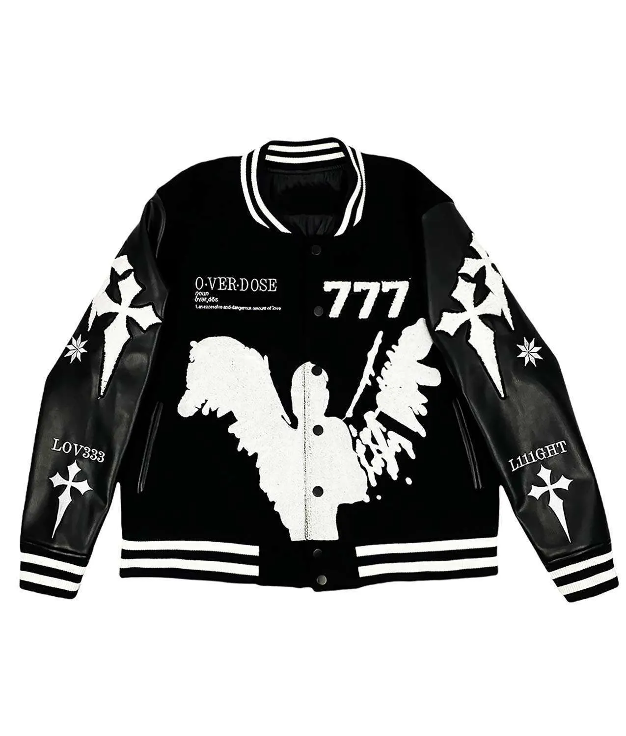 1 777 Varsity Jacket - Premium Black Wool & Leather Letterman Jacket with Chenille 777 Patch