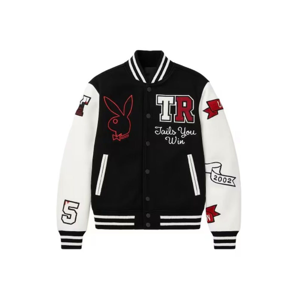 1 (1)_imresizer Playboy X Varsity Jacket front view featuring black wool body, white leather sleeves and embroidered Playboy bunny logo