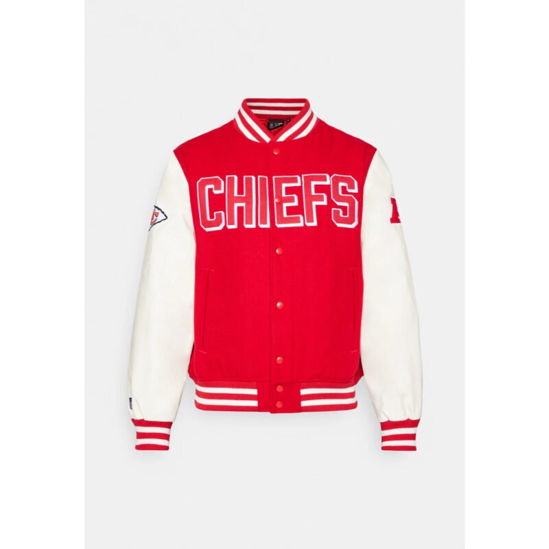 Model wearing red and gold Kansas City varsity jacket with chenille "KC" chest patch and Chiefs-inspired design