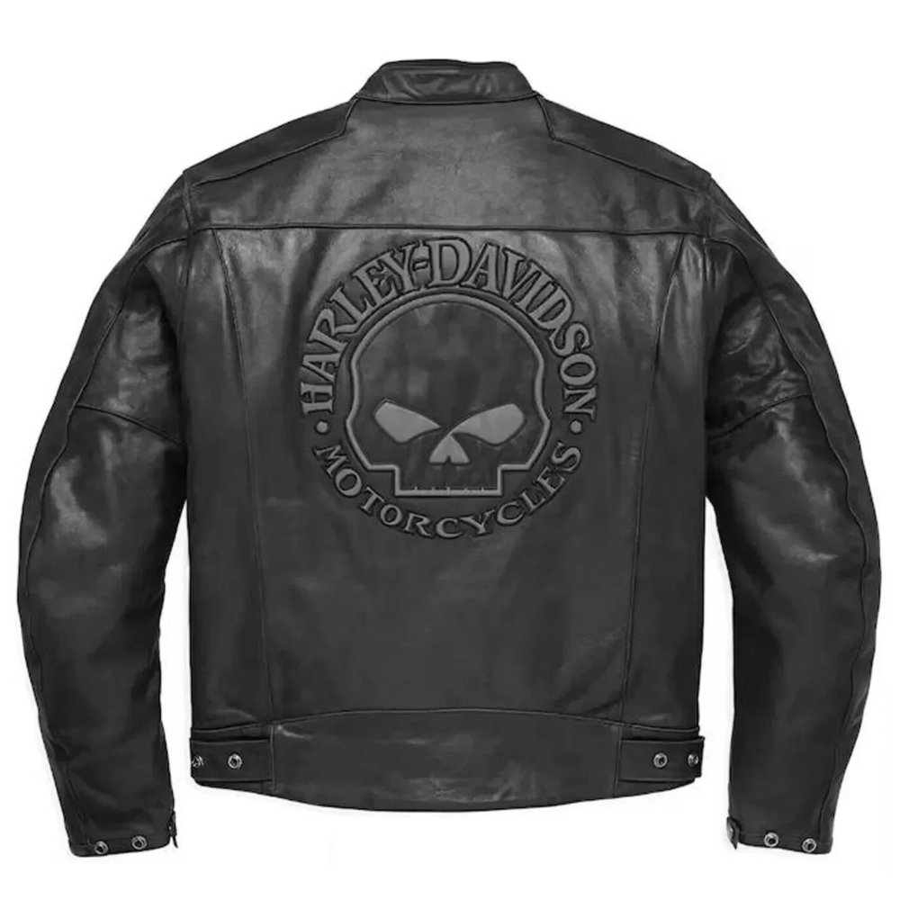1_imresizer Black leather jacket – Harley-Davidson men's cowhide motorcycle jacket worn by rider, full back view