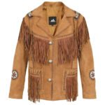Western cowboy leather jacket with fringe in distressed brown genuine leather