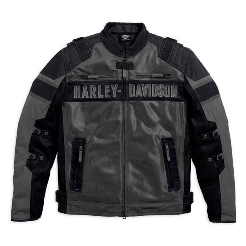 1_imresizer (4) Men's black motorcycle jacket Harley Davidson front view with Bar & Shield logo and protective features