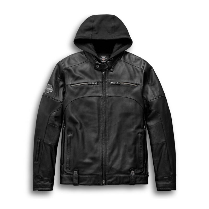 Men's Swingarm Leather Jacket 98045-19VM in black midweight cowhide with snap-tab mandarin collar.