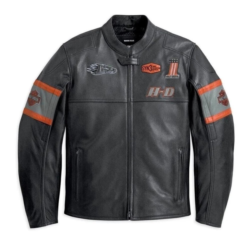 1_imresizer (8) Black leather moto jacket Harley-Davidson Screaming Eagle men's genuine cowhide with front zipper