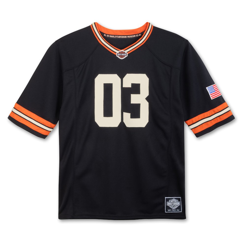 Football Jersey by Harley-Davidson, moisture-wicking mesh with two-way zip front and full-back arched racer graphic Football Jersey, Harley-Davidson men's moisture-wicking fanwear jersey, part number 99180-26MM