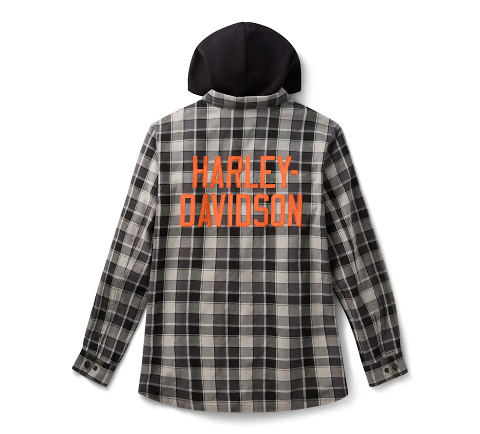 Harley Davidson Hooded Plaid Long Shirt – Men's Sleeve, Harley Black/Asphalt 1 Harley Davidson Plaid Long Sleeve Shirt Harley Black/Asphalt – back view