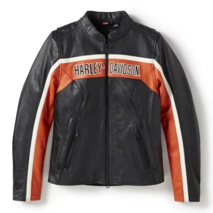 Harley Davidson Orange Leather Jacket Harley Black – front view