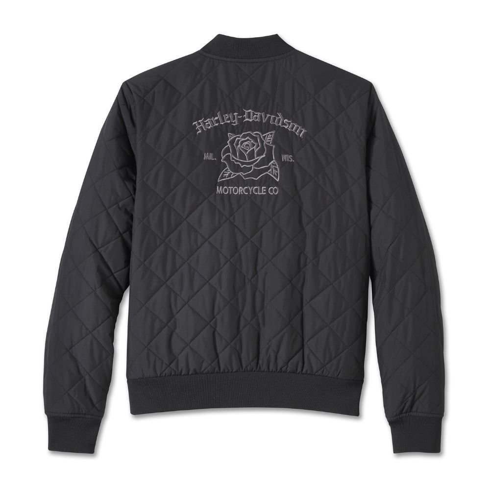 Quilted Bomber Black – Harley-Davidson Womens Old English Rose Harley Davidson Old Bomber Jacket Black – front view